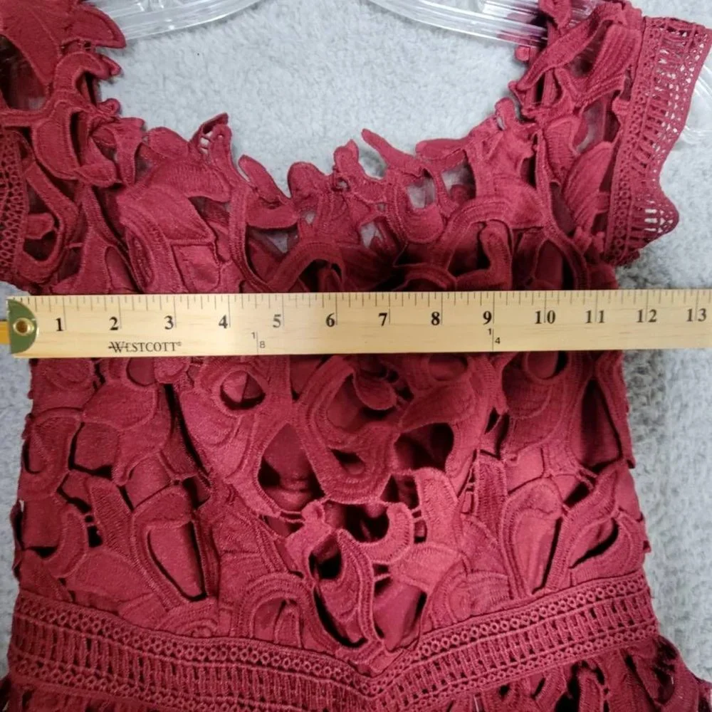 Chi Chi Womens Bardot Midi‎ Dress Fit & Flare Red Burgundy Lace Hem Lined 4 New - Picture 3 of 10